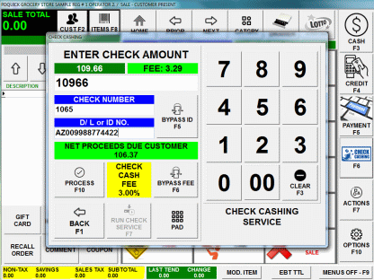 PDQuick Check Cashing Screen, click for larger image.